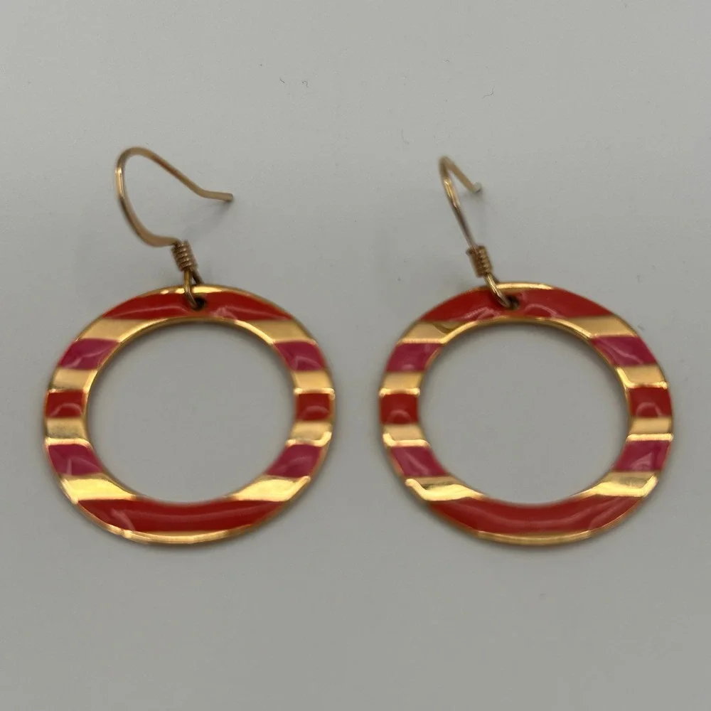 Coral Striped Enamel Gold Tone Circle Dangle Drop Earrings French Wire